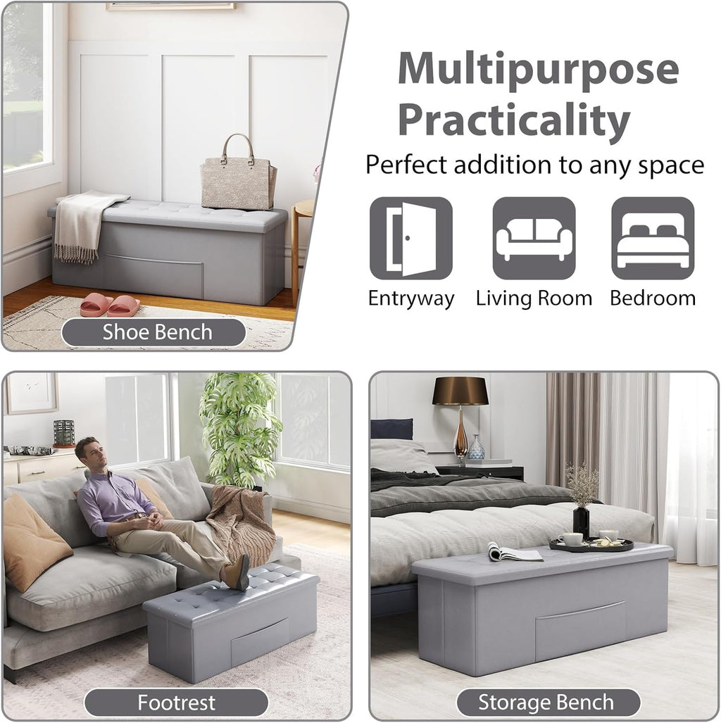 Giantex 43 Inches Folding Storage Ottoman Bench, Upholstered PU Leather Storage Chest with Side Pocket, Padded Seat, End of Bed Bench, Collapsible Ottoman Foot Rest for Living Room, Bedroom & Entryway