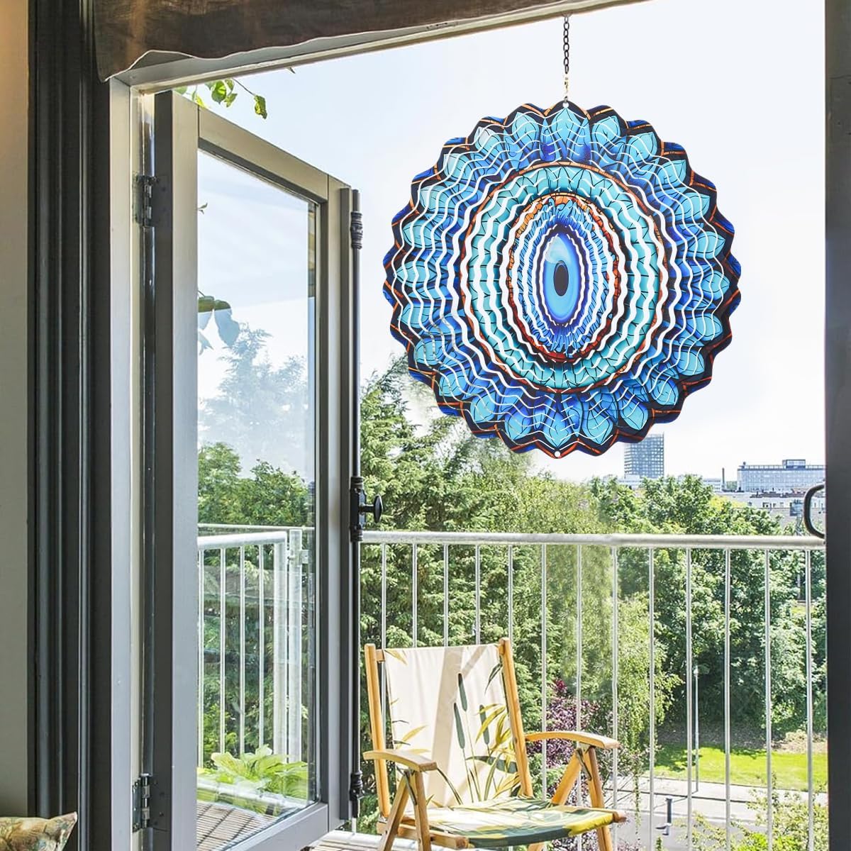 3D Wind Spinner Mandala 10 Inch Evil Eye Stainless Steel Wind Sculpture Blue Hanging Ornament Laser Cut Metal Art for Indoor Outdoor Garden Decoration Protective Amulet for Home and Yard