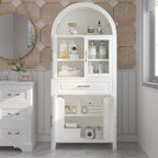 roomfitters 71" Tall Arched Farmhouse Pantry Cabinet with Glass Barn Doors & Pull-Out Drawer, White