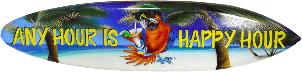 "ANY HOUR IS HAPPY HOUR" Beach Parrot Happy Hour Hard Wood Handmade AIRBRUSHED ART Corona Beer Palm Tree 39" Surfboard Sign Wall Plaque Art