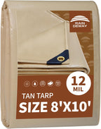 RAINDEWAY 8x10 Feet Heavy Duty Tarp,12 Mil Tan Waterproof Poly Tarp Cover,UV Resistant,Weatherproof,Durable,Multipurpose Tarps with Grommets and Reinforced Edges