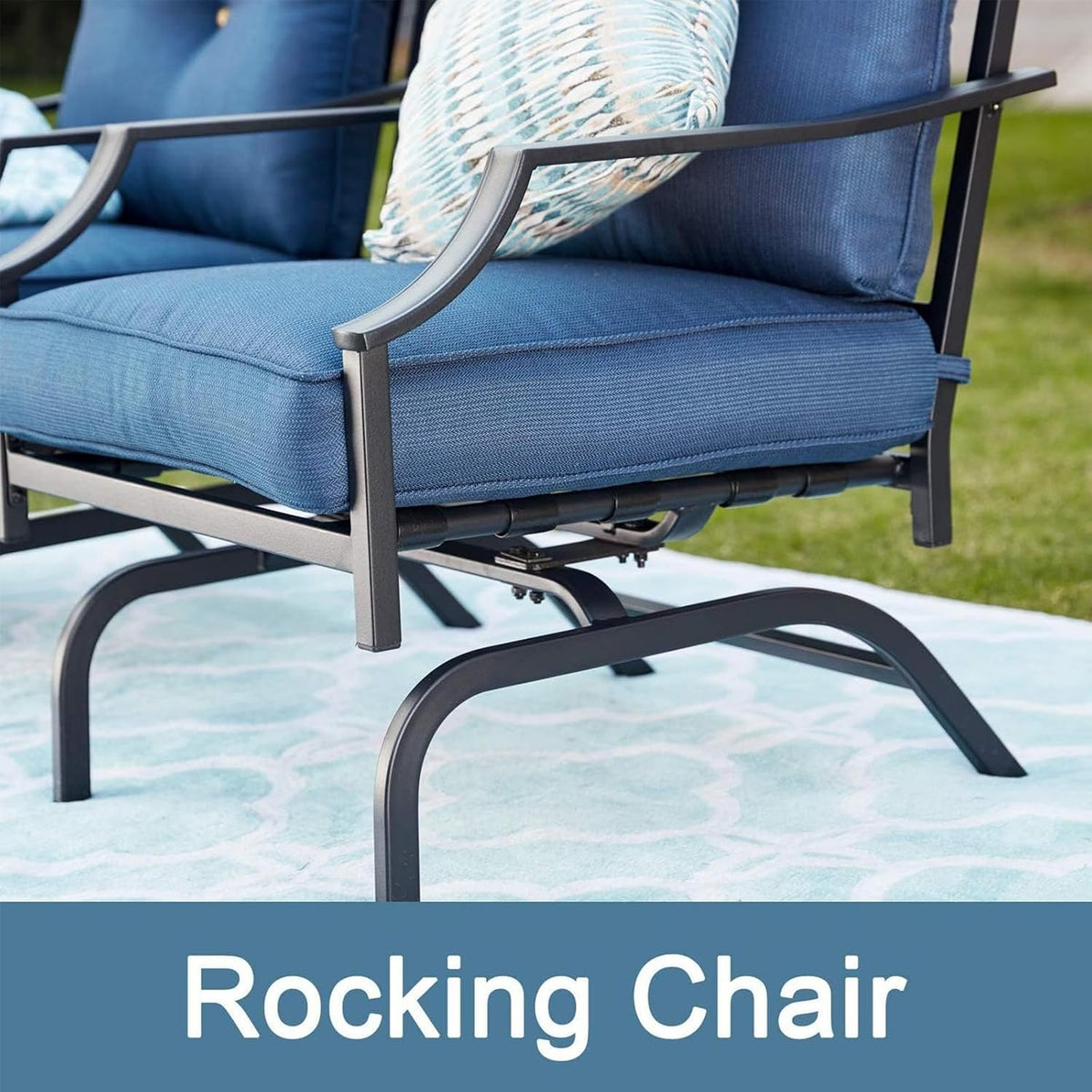 Top Space Rocking Patio Chairs Outdoor Metal Furniture Motion Spring Chair Black Dining Bistro Set with Padded Cushion for Garden Balcony Porch