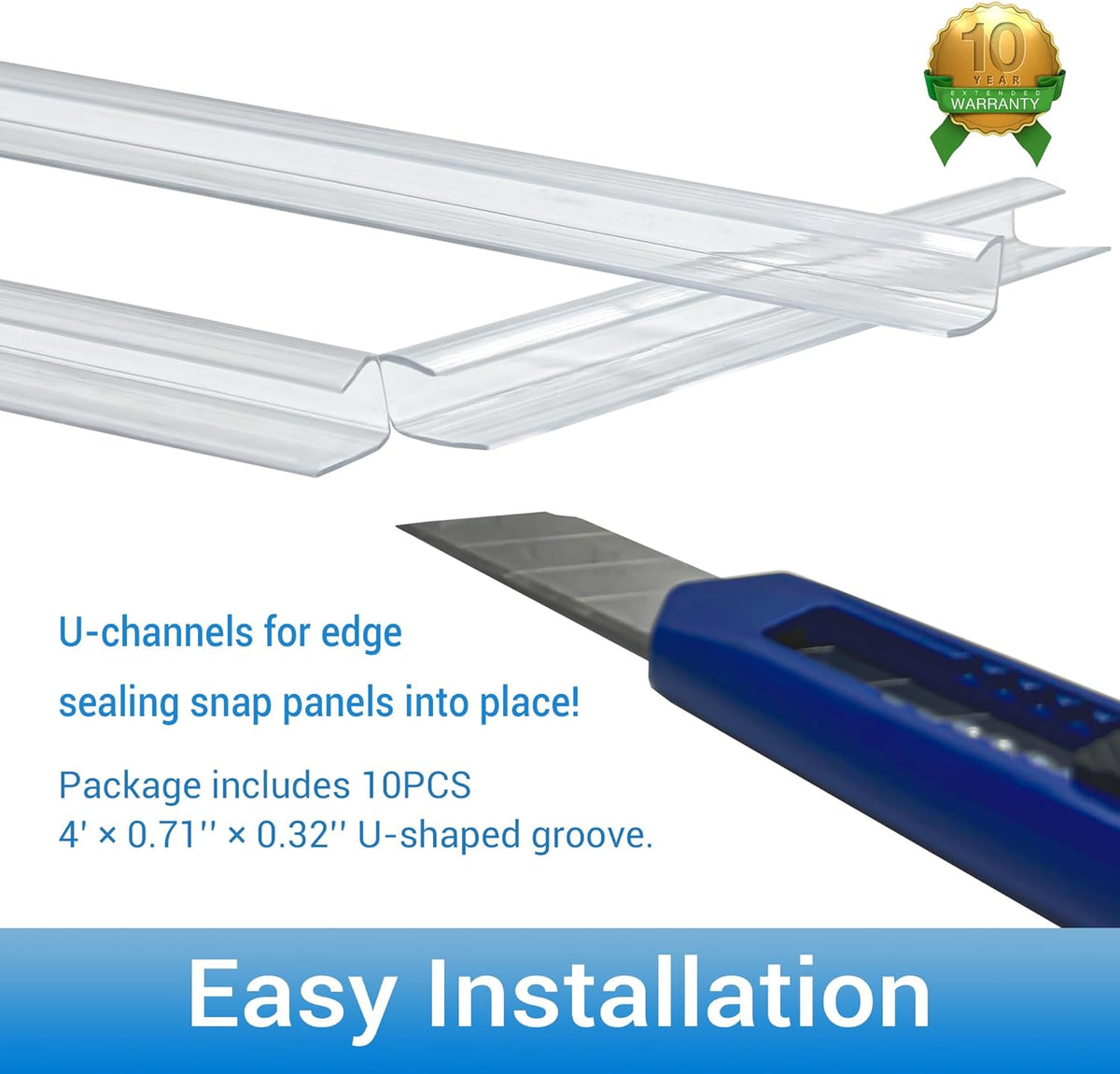 10 PCS Polycarbonate Greenhouse U Connector Profile 4ft Length Fits 0.24’’ & 0.32’’ Twin-Wall Polycarbonate Panels Duty Dust Rain & Moisture Protection Durabler (U-Clip 4' × 0.71’’ × 0.32’’)