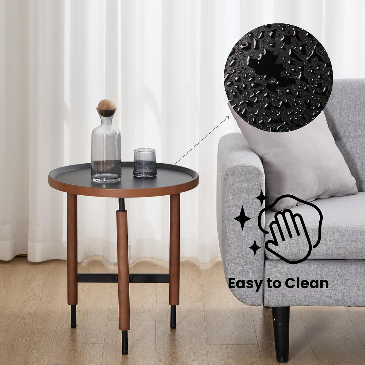 DUOMAY Modern Round Wood Side Table, 19.5'' Wide End Table with T-Shaped Metal Base, Round Tubular Iron Legs Covered with Rubber Wood for Living Room, Lounge, Office, Apartment, Black