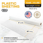 Plastic Sheeting 4 mil, 4' x 50' (200 sq.ft.), Pack of 6 - Thick Semi-Clear Plastic Sheeting for Construction, Painting, Drop Cloth, Slide&Slip - Heavy Duty LDPE Film Roll by IDL Packaging