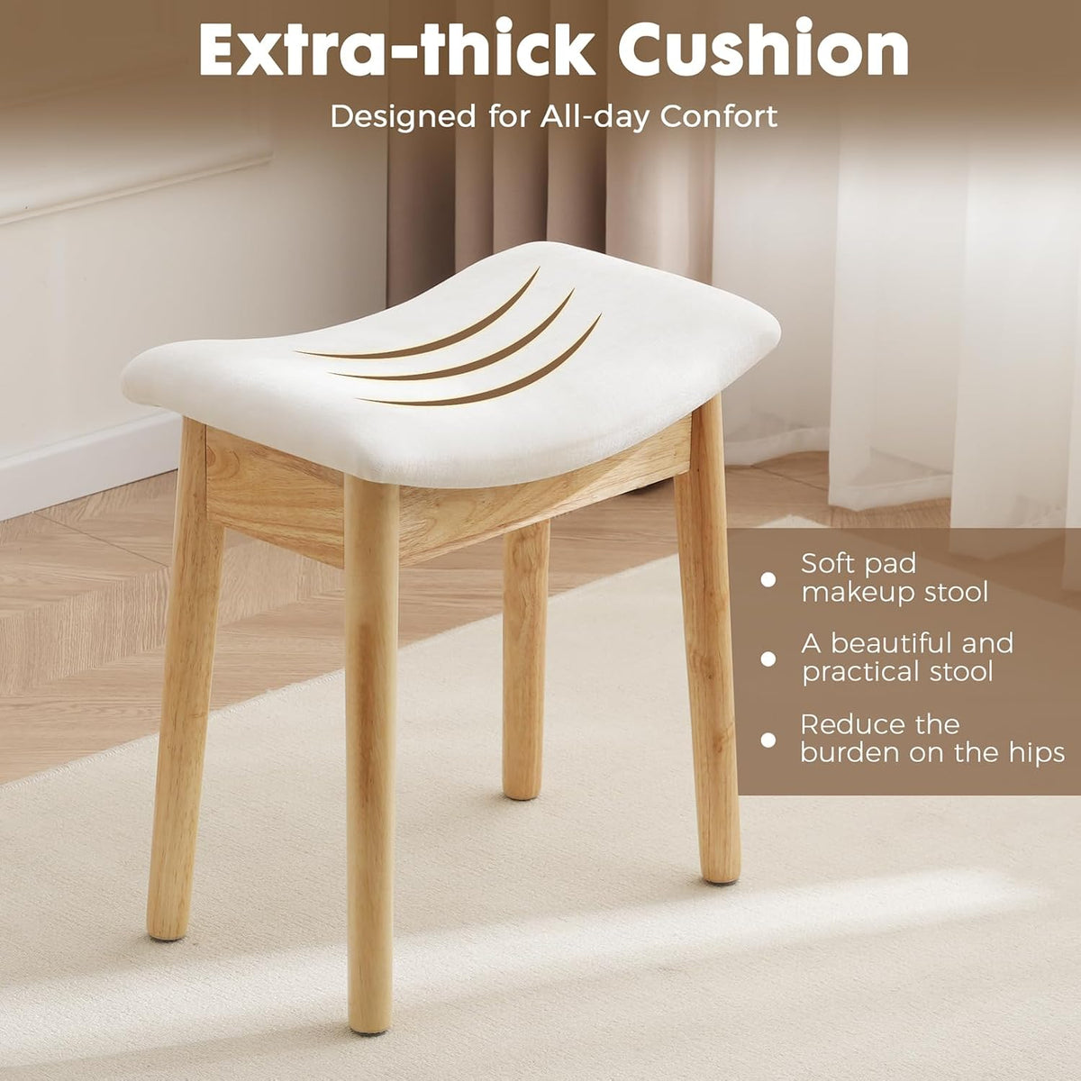 18" Small Vanity Chair Ottoman Bench Saddle Cushion Linen Beige | Soft Saddle Linen Stool, Footrest, Ottoman, Compact for Bedrooms, Living Rooms. Sturdy Esay Assembly(Classic-Beige)