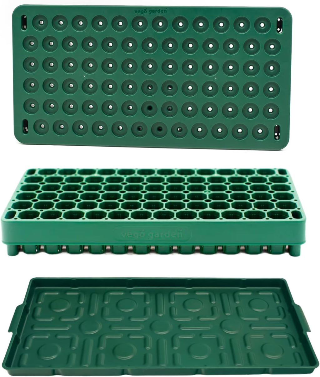 Vego garden Seedling Suite Products 10" x 20" 76 Cells Stackable Seed Starter Germination Tray with 3-in-1 Plant & Pop Board and 10" x 20" Bottom Watering Tray