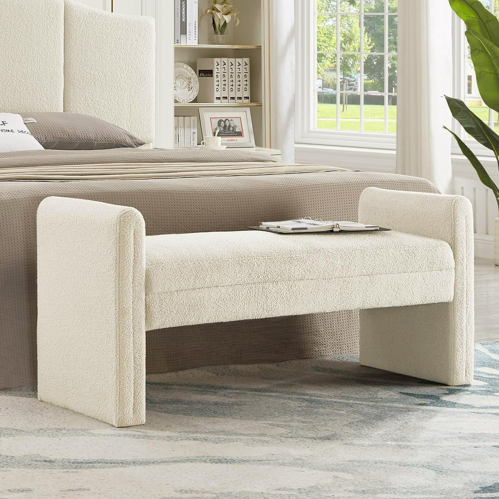 24KF Modern Upholstered Bed Bench Covered with Soft Boucle Teddy Fabric, Lovely Entryway Bench Ottoman with Armrest,5062-Cream