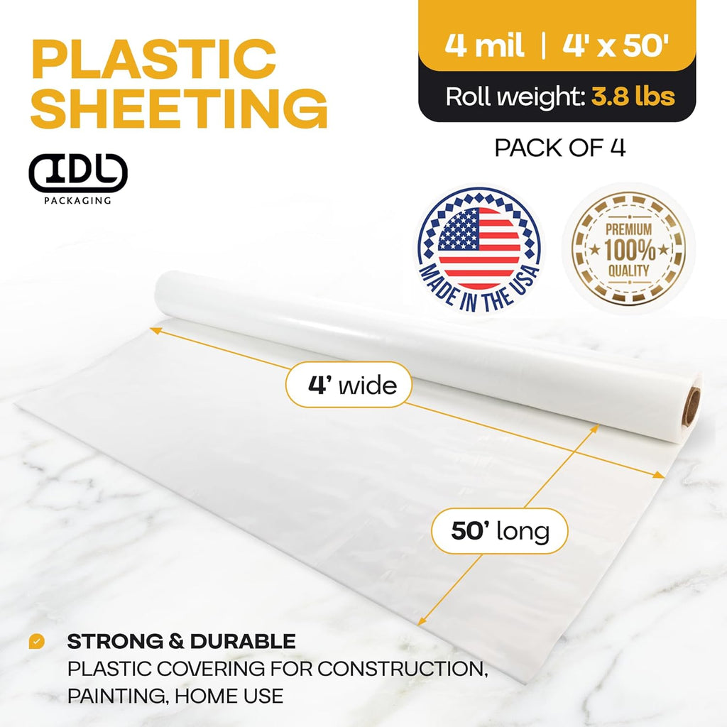 Plastic Sheeting 4 mil, 4' x 50' (200 sq.ft.), Pack of 4 - Thick Semi-Clear Plastic Sheeting for Construction, Painting, Drop Cloth, Slide&Slip - Heavy Duty LDPE Film Roll by IDL Packaging