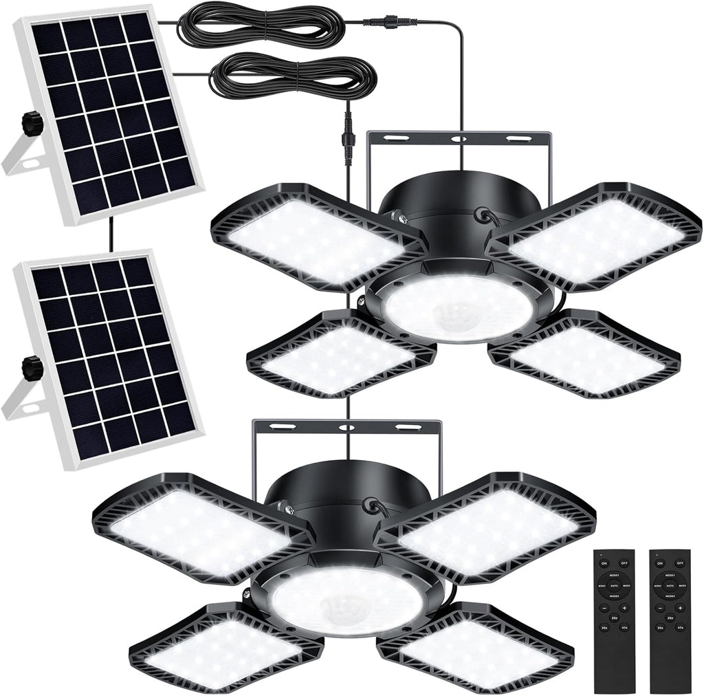 Aqonsie Solar Shed Light Outdoor Indoor, 176LED Solar Powered Motion Sensor Pendant Light Daytime Available, Solar Indoor Lights with 5 Lighting Modes & Remote for Shed Gazebo Barn Garage, 2 Pack