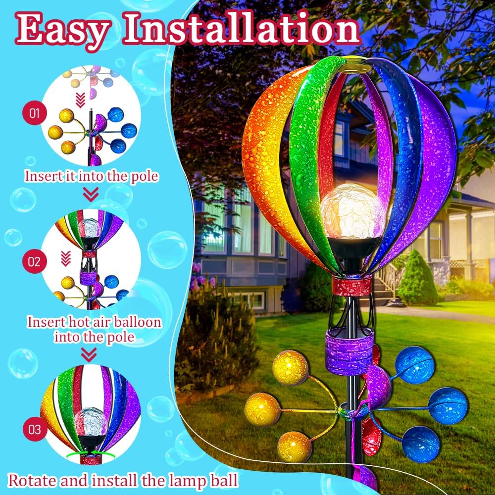 Solar Wind Spinner Outdoor - Hot Air Balloon Wind Spinners, Metal Garden Decor with LED Lights, 360° Rotating Waterproof Yard Decorations, Solar Powered for Day & Night, Lawn & Patio Windmill