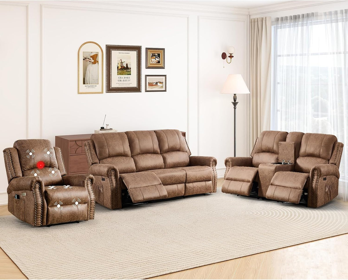 HAOMARKETS 3-Piece Power Reclining Sofa Set with Rivets, Included Electric Massage Recliners, Loveseat Couch with Console and 3-Seater Recliner Sofa, Faux Leather Living Room Furniture Set, Brown