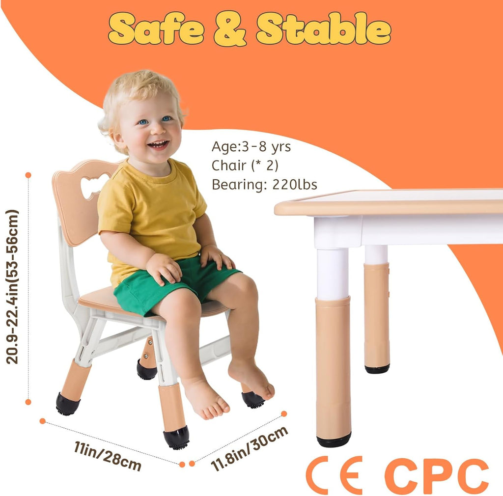 FUNLIO Kids Table and 4 Chairs Set and Adjustable Kids Chair (2pcs)，Easy to Wipe Arts & Crafts Table, for Classrooms/Daycares/Homes, CPC & CE Approved (5-Piece Set) - Multicolor