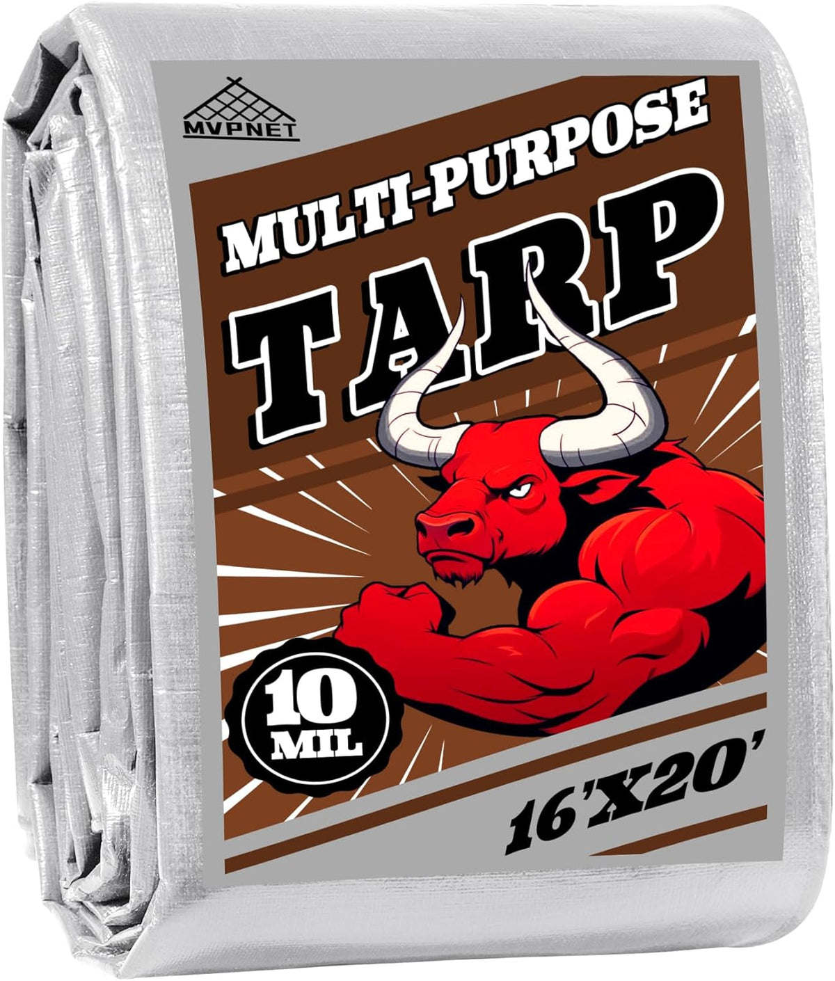 Tarp 16x20 ft Heavy Duty 10mil Silver/Brown 100% Waterproof High Durability Multipurpose Outdoor Tarpaulin,Uv Resistant,for Courtyards,Camping, Canopy, Trailer, Boats, Camping, Etc -by MVPNET