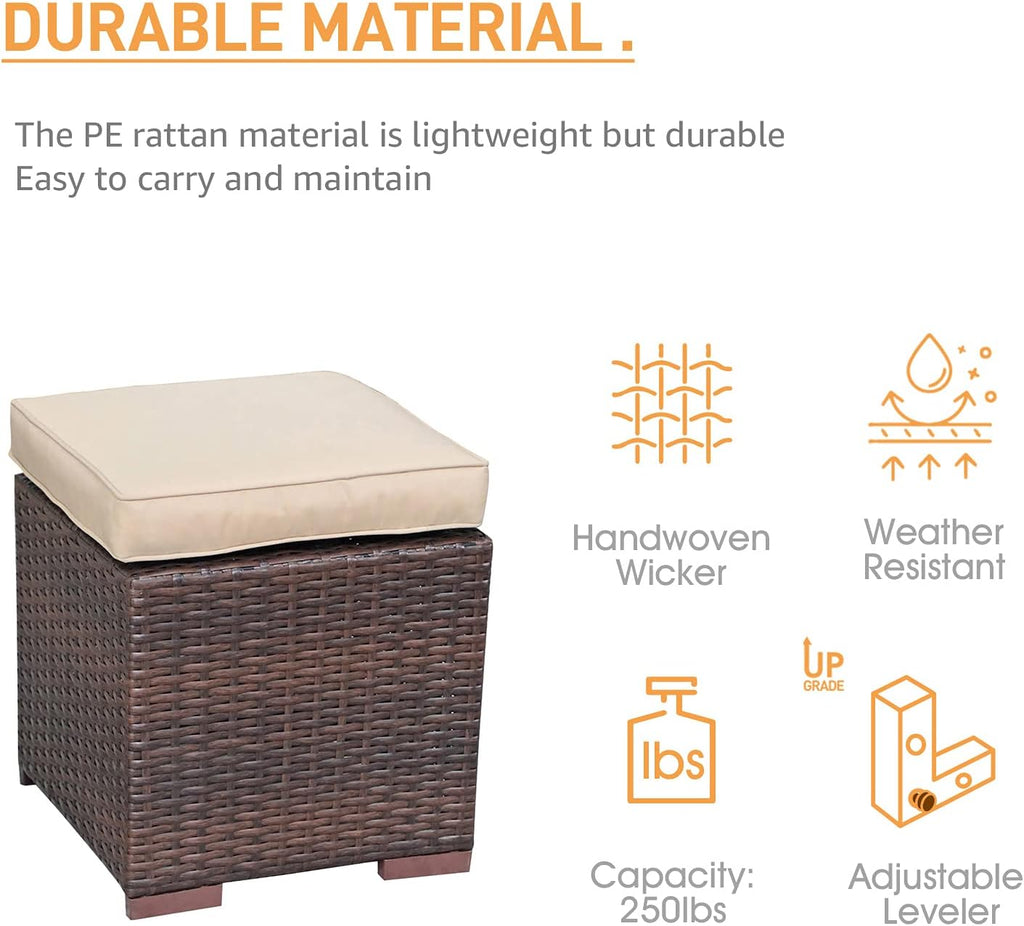 Patiorama 2 Pieces Assembled Outdoor Patio Ottoman, Indoor Outdoor All-Weather Dark Brown Wicker Rattan Outdoor Footstool Footrest Seat with Beige Cushions, No Assembly Required
