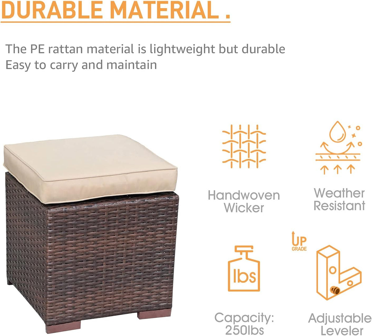 Patiorama 2 Pieces Assembled Outdoor Patio Ottoman, Indoor Outdoor All-Weather Dark Brown Wicker Rattan Outdoor Footstool Footrest Seat with Beige Cushions, No Assembly Required