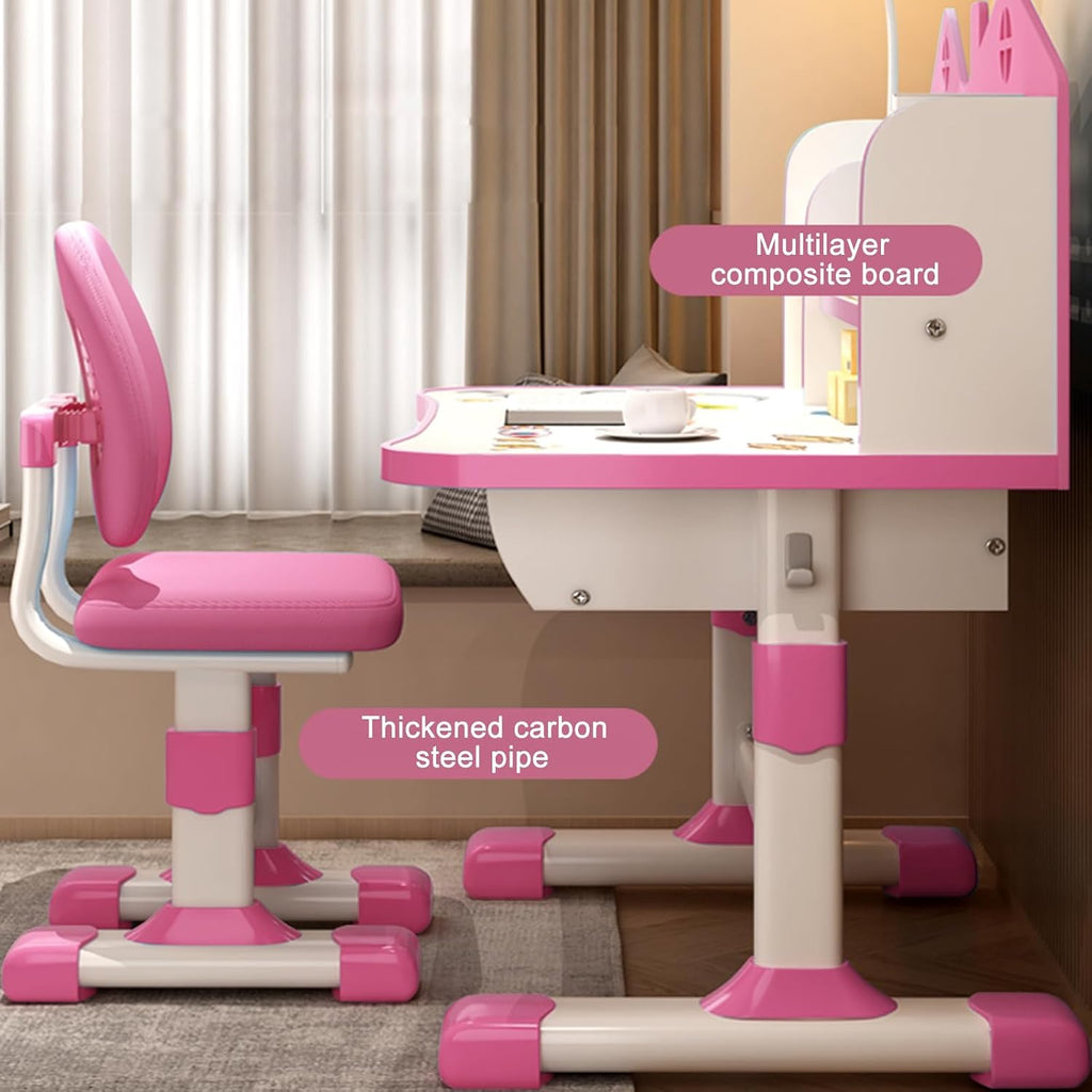 Kids Desk and Chair Set, Height Adjustable Study Table for Home and School | Study Writing Desk With Widened Desktop, Bookstand, Storage Drawer and Ergonomic Chair for Boys and Girls. Pink