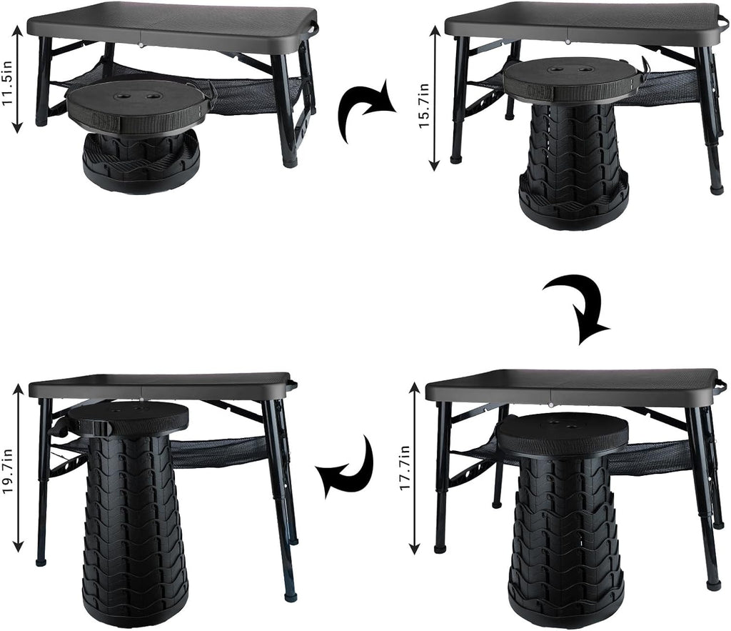 Folding Table and Stool, Small, Black, 4 Foot Outdoor Portable Table, Adjustable Height, Camping, Picnic, RV Table, 55lbs Load-Bearing, Lightweight