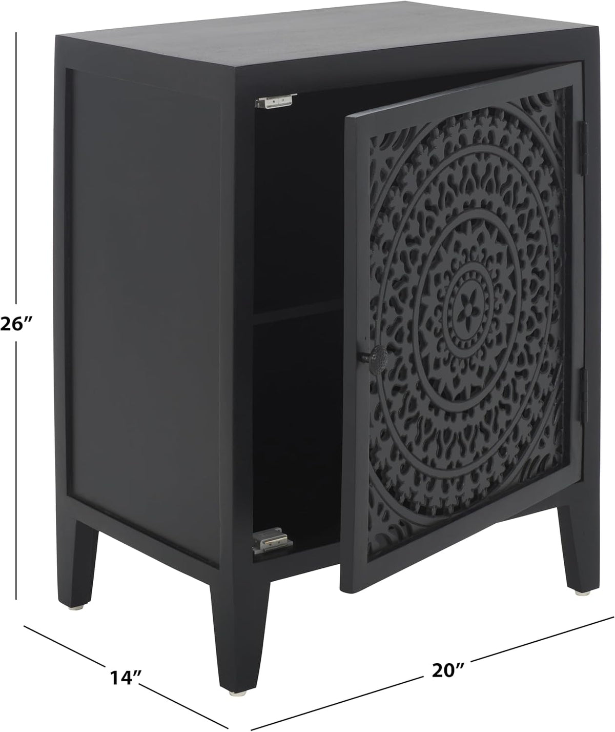 SAFAVIEH Furniture - Thea 1-Door Carved Nightstand - Black - Mango Wood - Artisan Global Design - Ideal for Bedroom, 20" W x 14" D x 26" H - Fully Assembled (NST5300D)