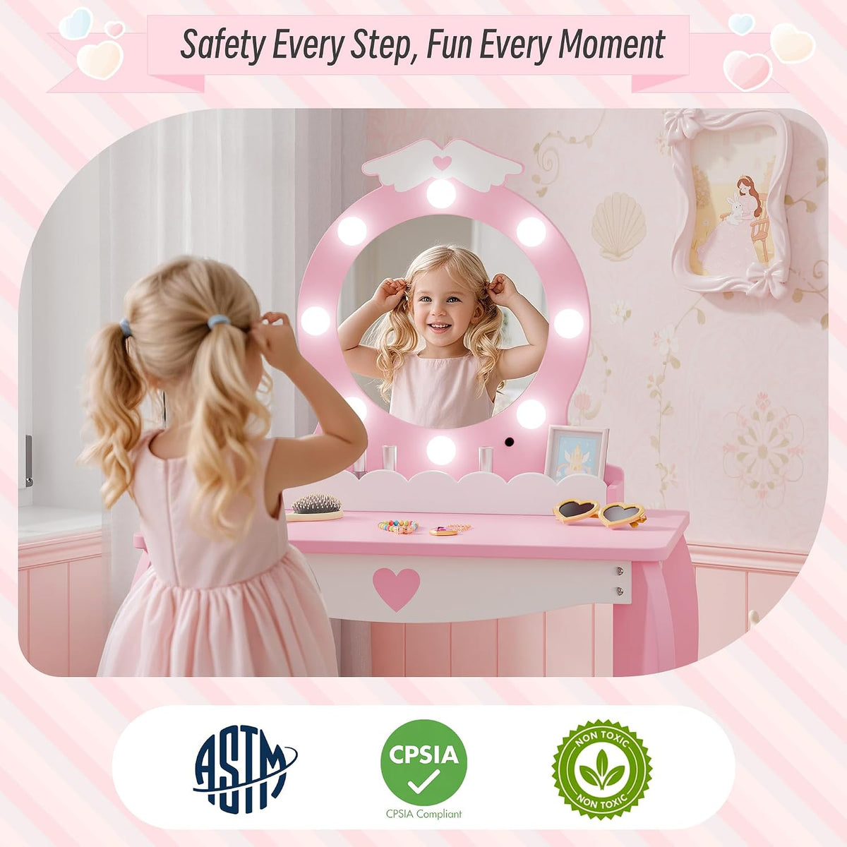 TOLEAD Girls Vanity with Lights, Mirror and Stool, Kids Make Up Vanity Set with Storage Space, Wing Pattern for Little Girls, Toddler Princess Makeup Dressing Table with Chair Set, Pink