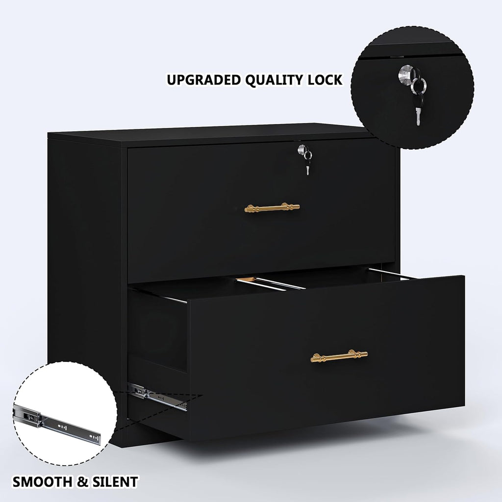 2 Drawer Lateral File Cabinet with Lock, Suitable for Letter/A4/F4/Legal Size Hanging Files,Large Wood Filing Storage Cabinets Printer Stand for Home Office,Black