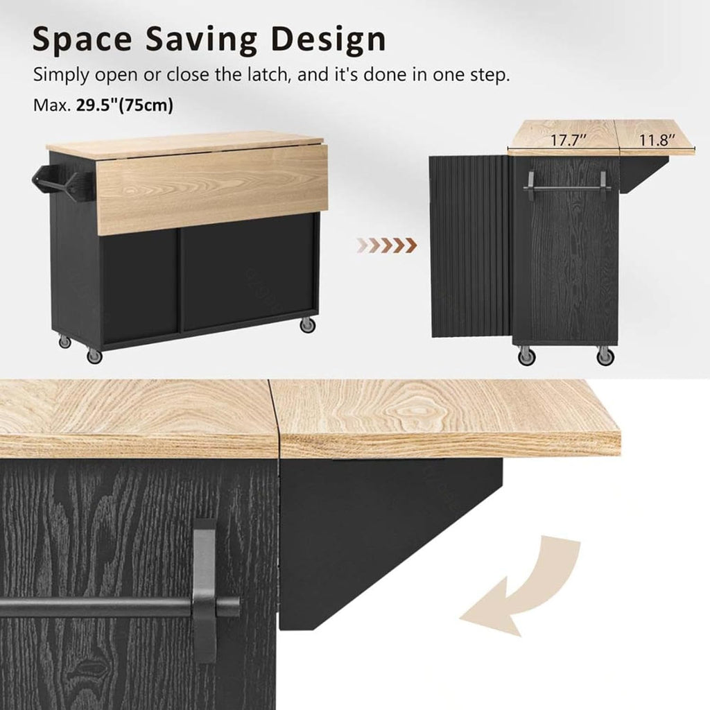 Isla para Cocina with Drop Leaf with Storage and Dining Table, Island for Kitchen with Wheels Towel Rack， for Kitchen, Dining Room, Black