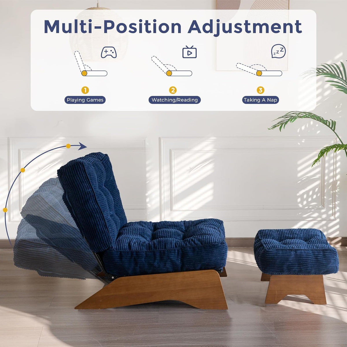 MAXYOYO Accent Chair with Ottoman, Lounge Chair with Adjustable Backrest | Tufted Living Room Chair Upholstered Lounge Chair with Footrest Set, Modern Chair for Reading Room, Navy