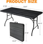 6ft Folding Table, Portable Heavy Duty Plastic Fold-in-Half Utility Table for Indoor/Outdoor Use, Dining, Camping, Picnic, Party, Black Woodgrain