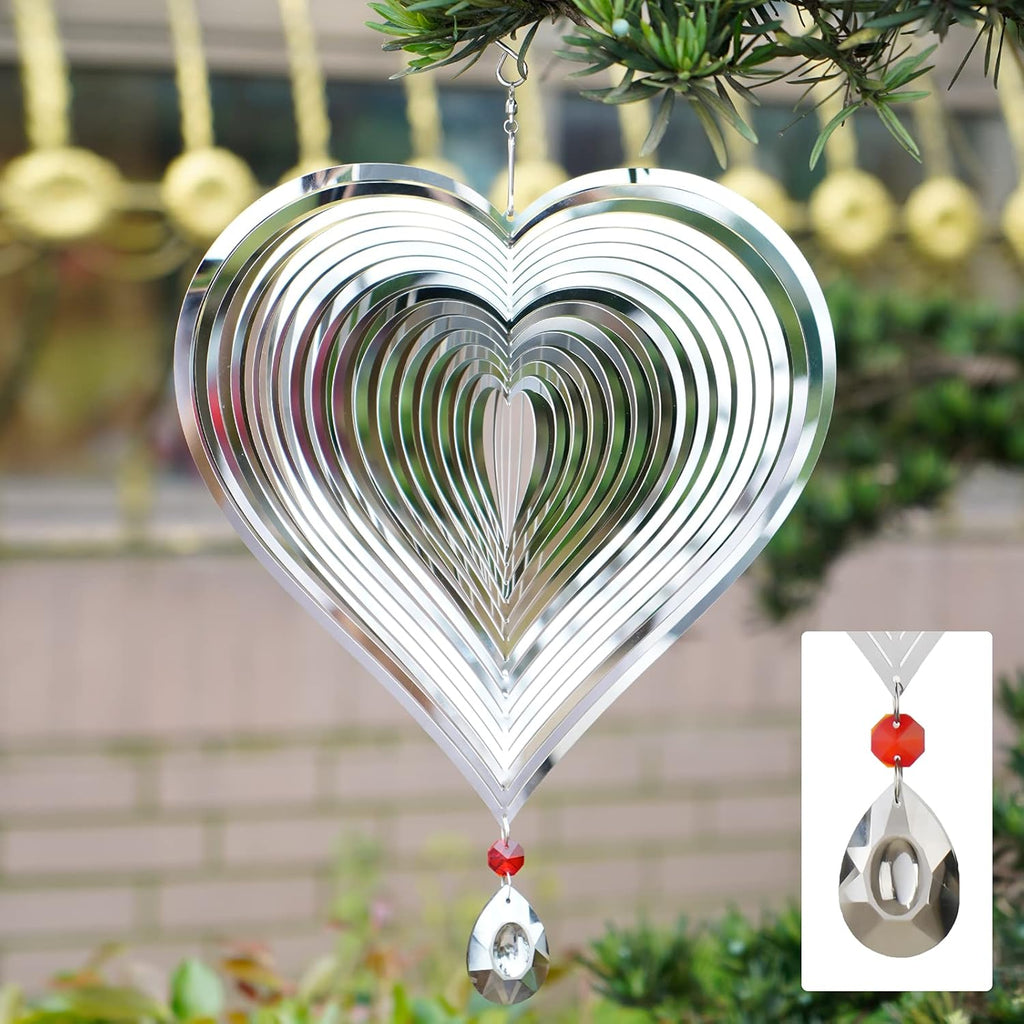 Wind Spinner, Hanging Wind Sculptures,Wind Spinners for Yard and Garden Decor,Yard Decorations Outdoor,Hanging Art Ornaments for Garden Yard Balcony Decor (Silver Heart)