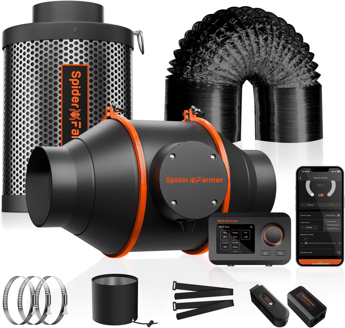 Spider Farmer Smart Air Filtration Kit 4", Inline Duct Fan, GGS Temperature Humidity Controller with WiFi App Control, Carbon Filter Combo, 25Ft Ducting, Ventilation System for Grow Tent, Hydroponics