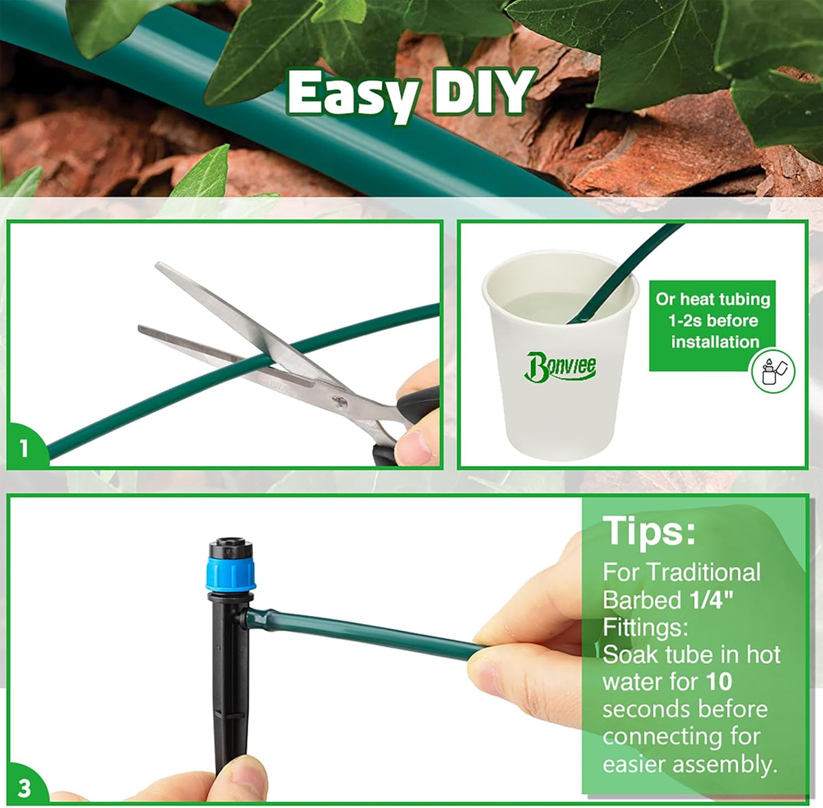 Bonviee 400ft 1/4 inch Drip Irrigation Tubing, Drip Irrigation Hose, Garden Watering Tube Line for Garden Watering System-Green