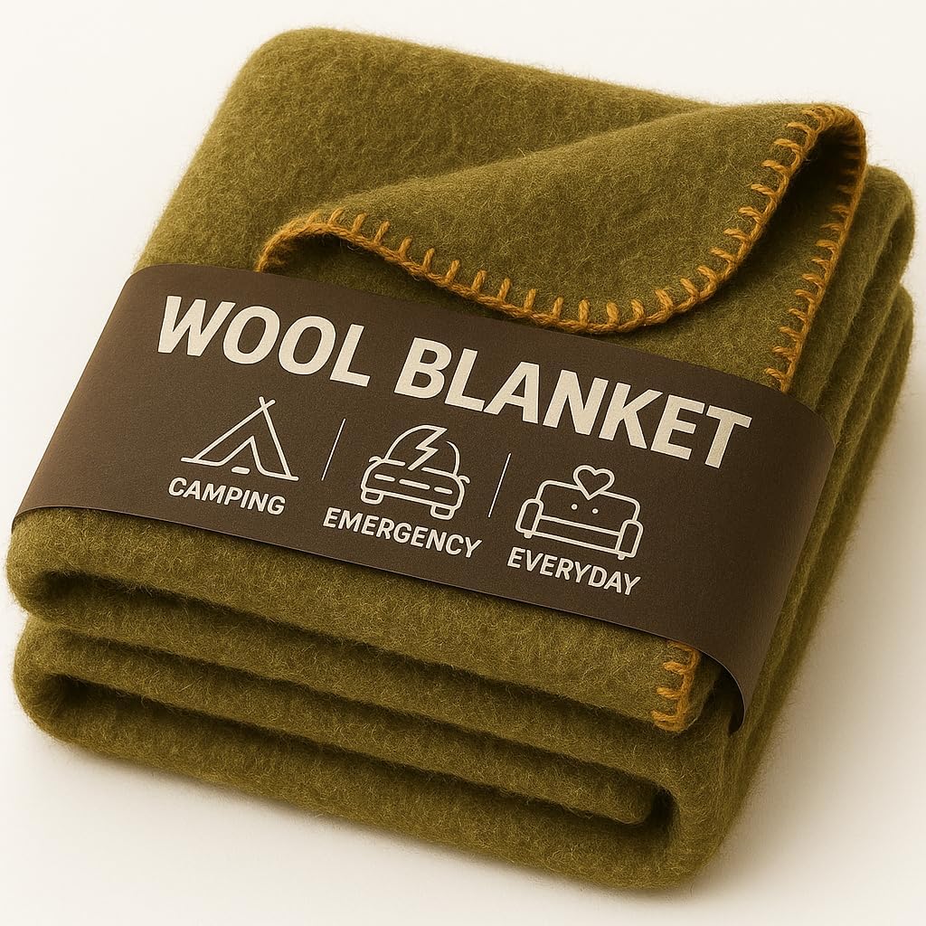 Wool Camping Blanket – 70% Wool Heavy-Duty Military Style Throw, Warm & Washable, Fire Retardant Cover for Emergency, Survival & Outdoor Use – Perfect for Camping, Car, Home & Hiking, Olive 66x90