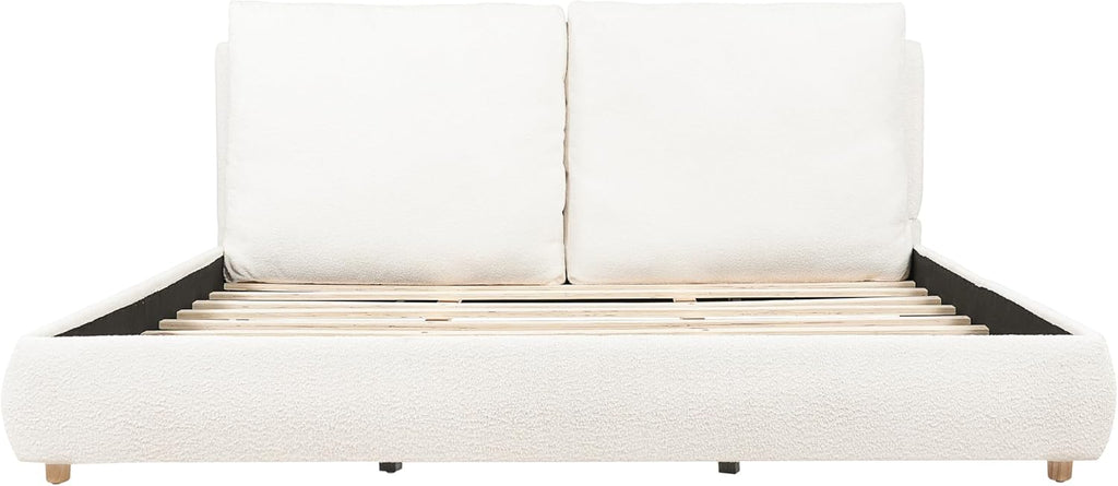 Merax King Boucle Platform Bed with 2 Removable Headboard Pillows, White