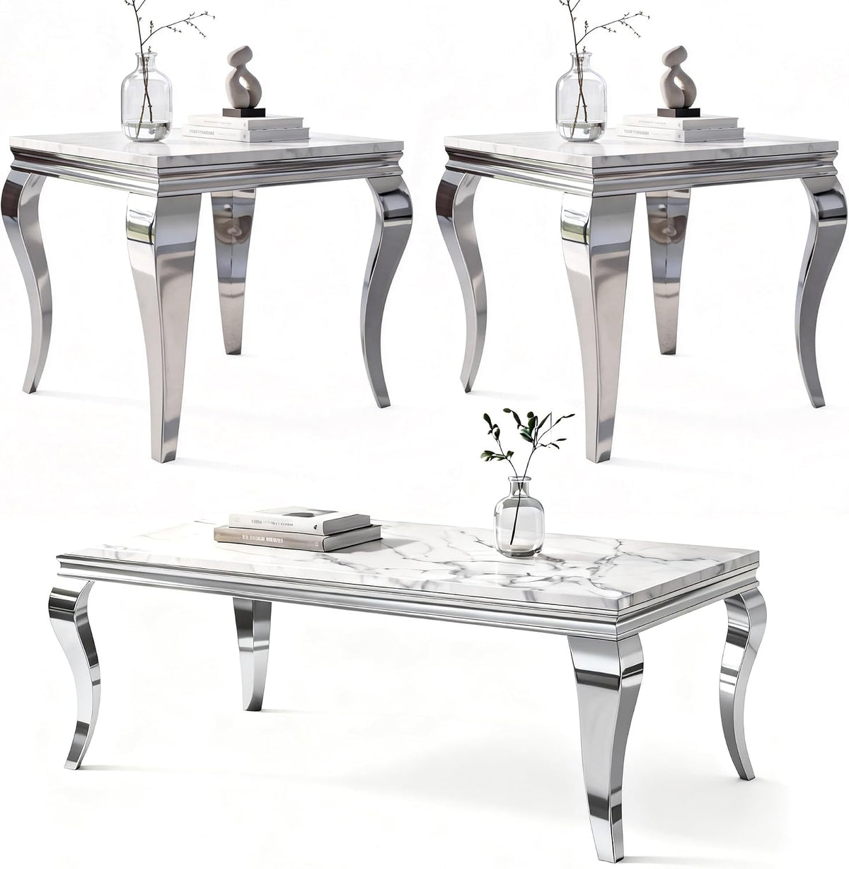 3-Piece Faux Marble Coffee Table Set with Silver Stainless Steel Legs | Modern Rectangular Center Table and 2 Square End Tables for Living Room, Office