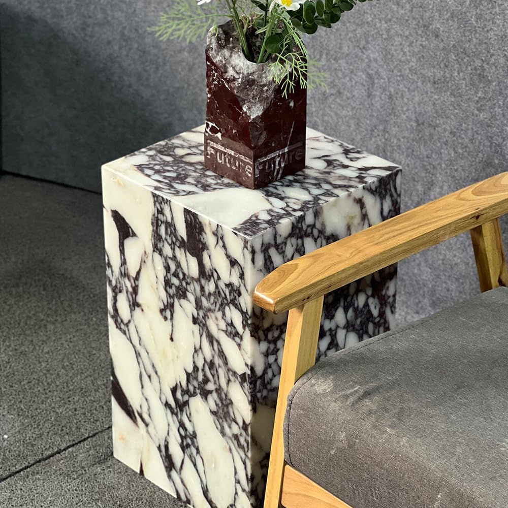 Luxury Marble Side Table,Square End Table for Modern Sofa and Bed, Living Room, Sofa, Bedroom（Calacatta Viola）
