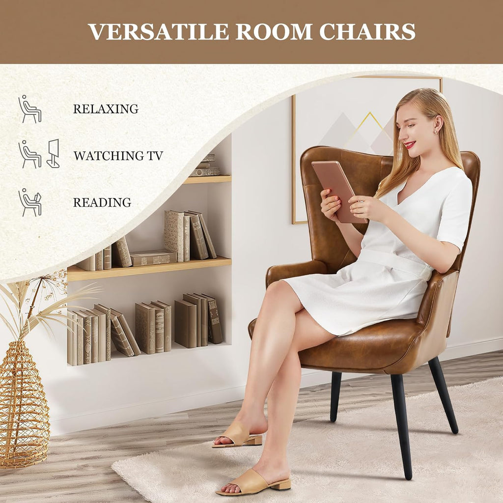 Furnimart Accent Chairs Set of 2, Brown PU Leather Reading Armchair with High Backrest, Wingback Corner Chair Mid Century Modern for Living Room, Bedroom, Waiting Room