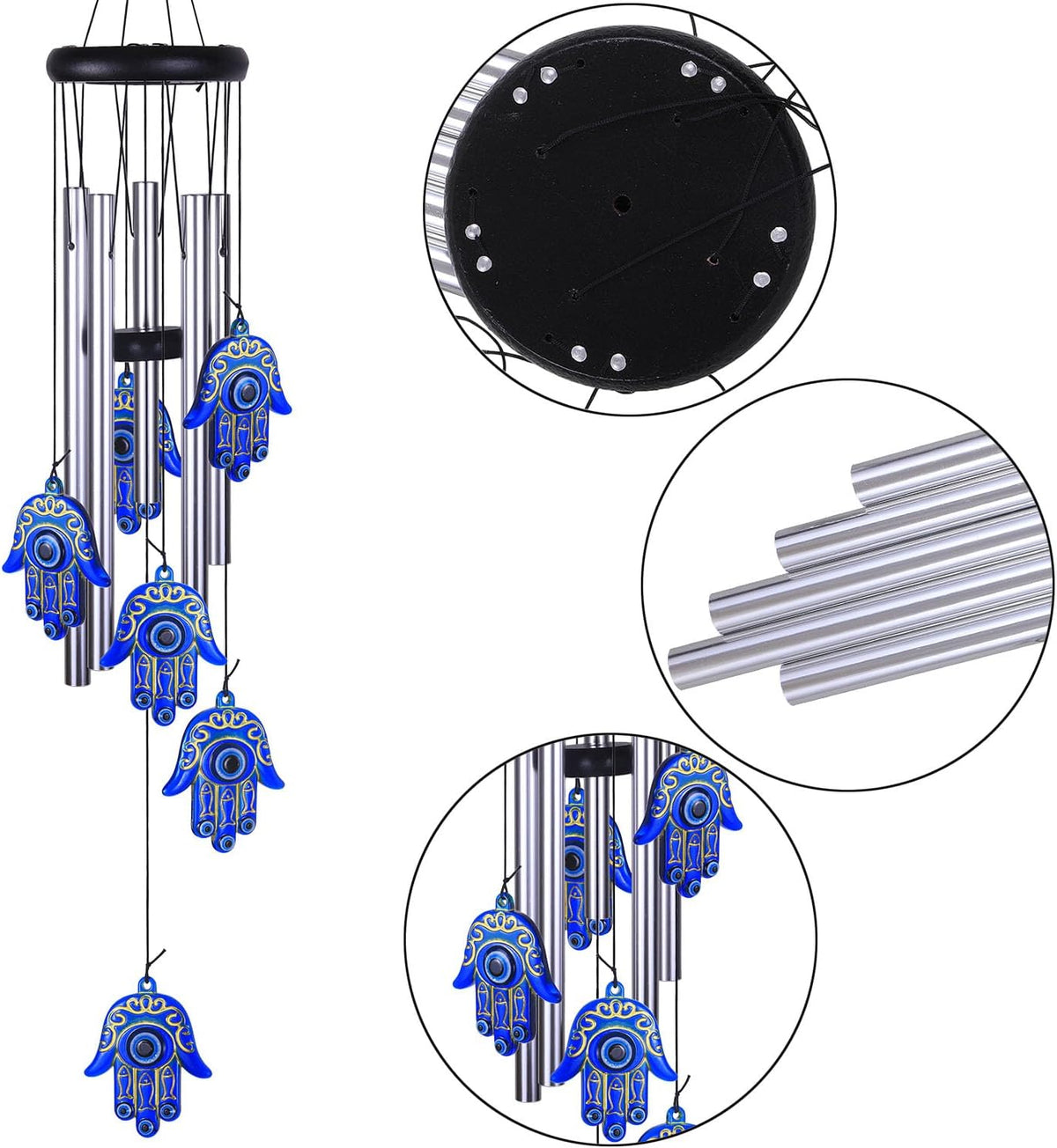 Blue Evil Eye Hamsa Hand Wind Chimes Outdoor Decoration, Hand of Fatima Windcatcher, Evil Eye Wind Bells, Hand of Fatima Blue Evil Eye Amulet Wind Chimes for Home, Gift for Mom, Balcony, Patio, Garden