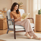 DUMOS Mid Century Modern Accent Chair, 16'' Seat Height Cozy Lounge Chair | Upholstered Armchair with Waist Cushion and Wood Frame for Living Room, Bedroom, Reading Nook, Home Corner, Balcony, Beige