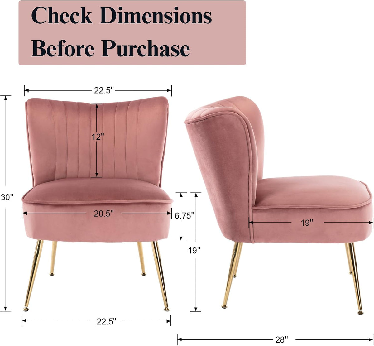 Velvet Accent Chairs Set of 2 Comfy Living Room Chair Armless Slipper Chair Mid Century Side Single Sofa Chair with Golden Legs Wingback for Bedroom Guest Room, Pink