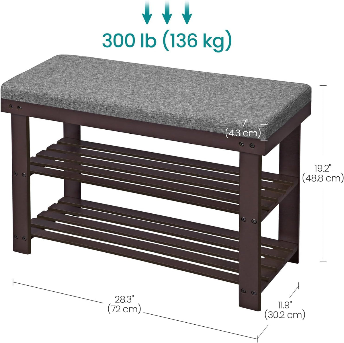 SONGMICS Bamboo Shoe Bench, 3-Tier Shoe Rack Organizer for Entryway, Living Room, Bench Seat Holds Up to 300 lb, 11.9 x 28.3 x 19.2 Inches, Rustic Walnut and Slate Gray ULBS604CG