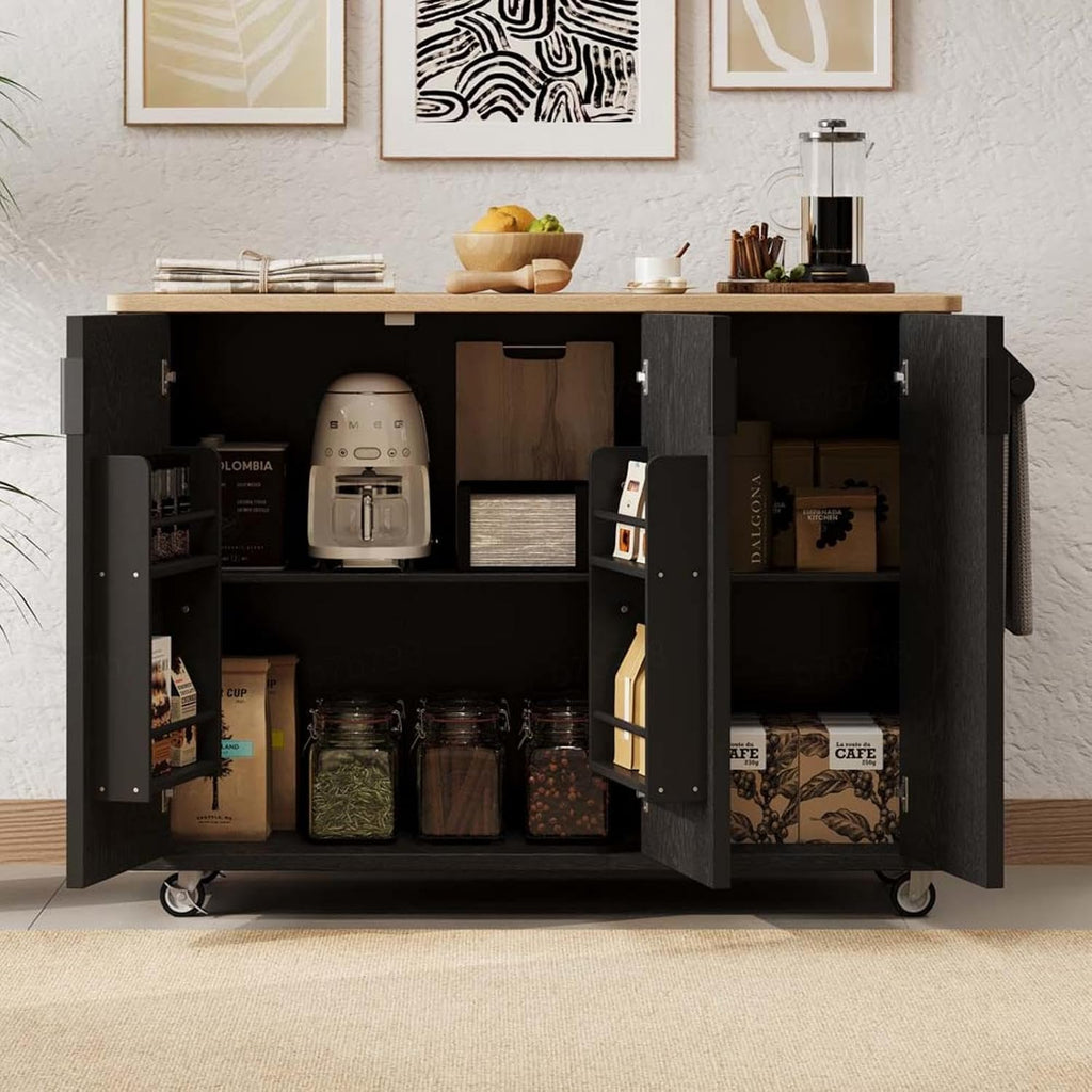 Kitchen Island with Storage with Drop Leaf with Storage and Dining Table, Kitchen Island with Drop Leaf with Wheels Towel Rack， for Kitchen, Dining Room, Black