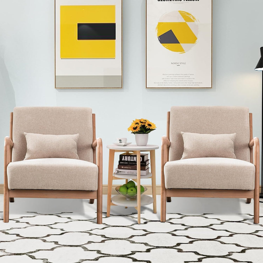 INZOY Mid Century Modern Accent Chair with Wood Frame, Upholstered Living Room Chairs with Waist Cushion, Reading Armchair for Bedroom Sunroom (Beige)