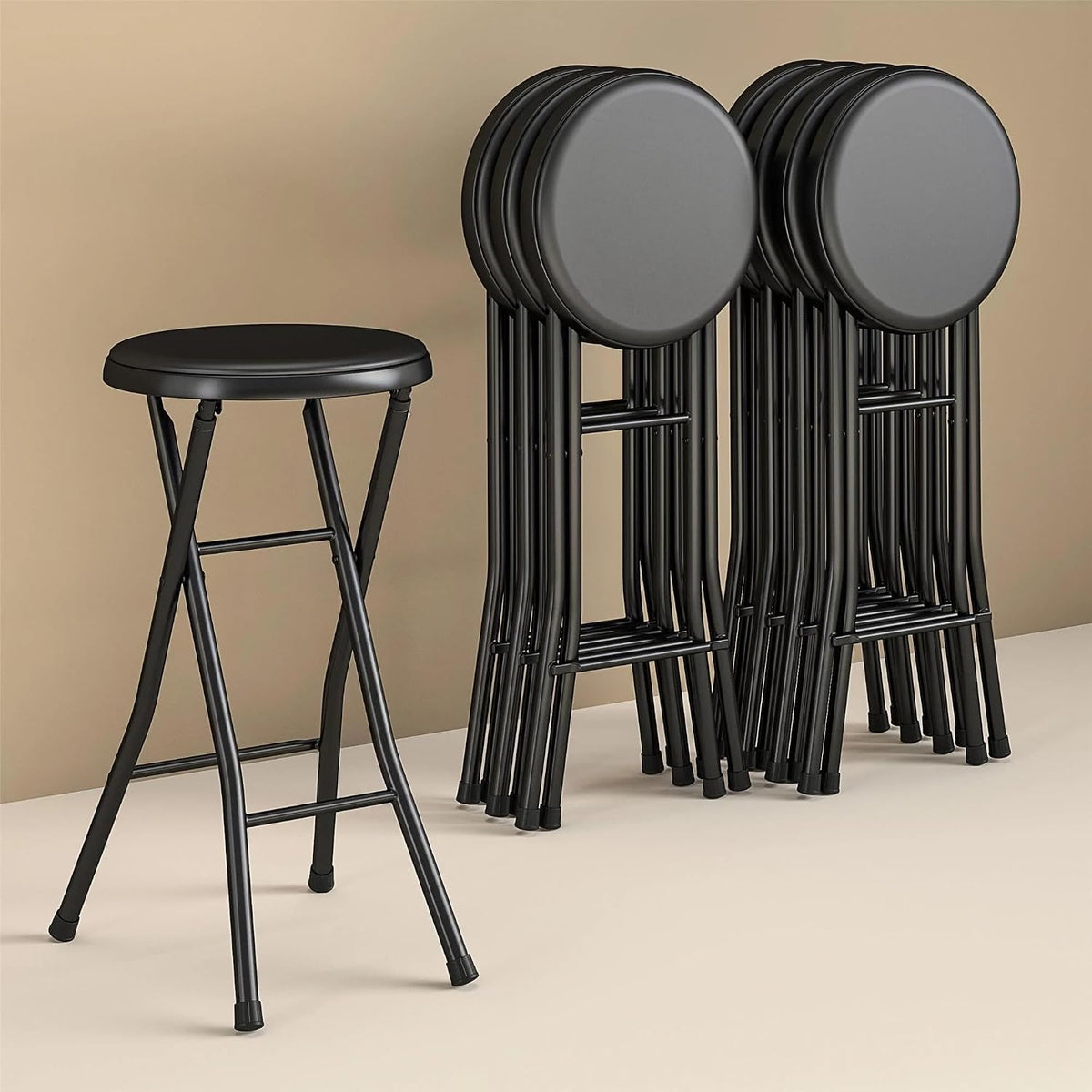 Folding Metal Stool, Black - Heavy-Duty, Compact & Portable, Stackable for Home, Garage & Workshop Use