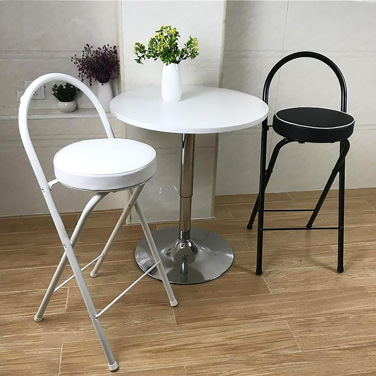 QQXX Folding Bar Stool with Footrest,Leather Padded Folding Kitchen Stool,Portable Counter Height Foldable Stool Tall Bar Stools for Outdoor Kitchen Shop Cafe(2 Pc, White Seat Height 25.5")