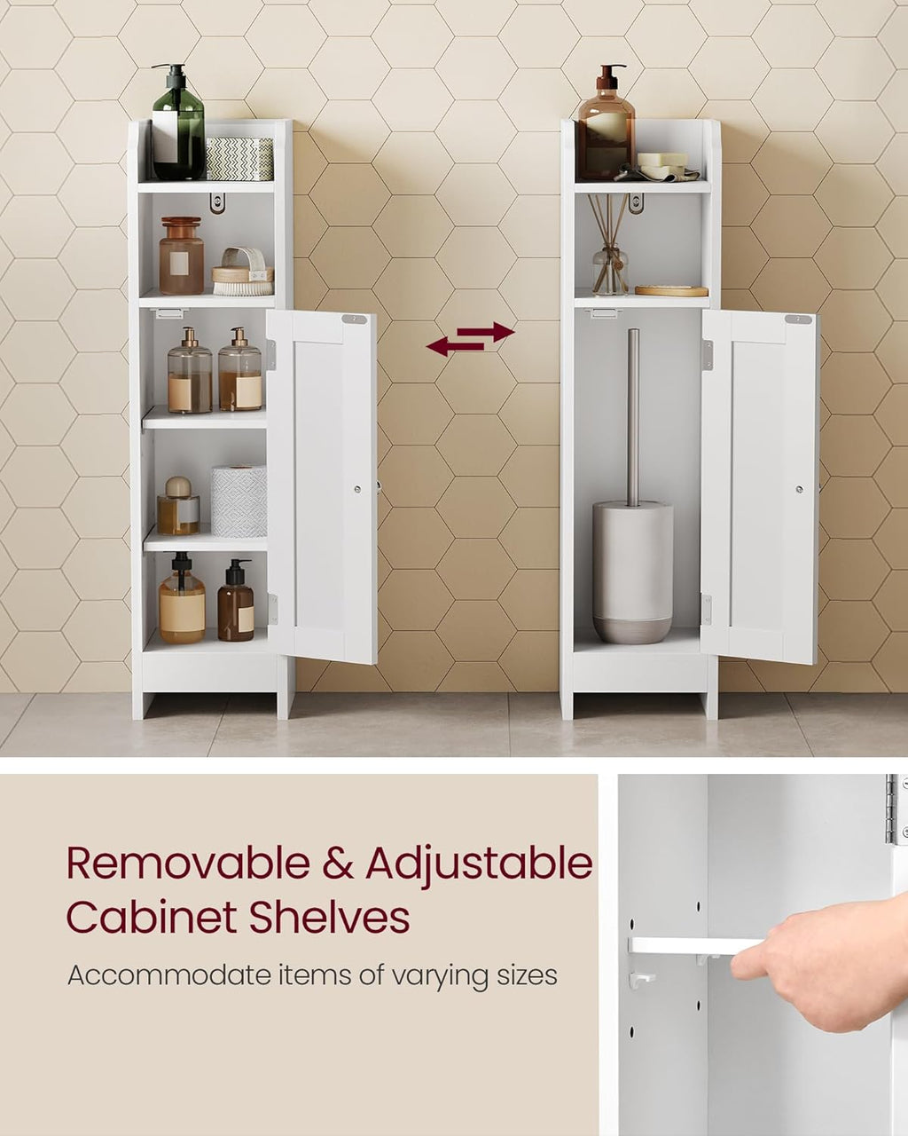 VASAGLE Small Storage Corner Floor Cabinet with Door, 7.9 x 7.1 x 31.5 Inches, Narrow Toilet Paper Storage Holder, Adjustable Shelves, for Bathroom, Living Room, Small Spaces, Cloud White UBBC310W01