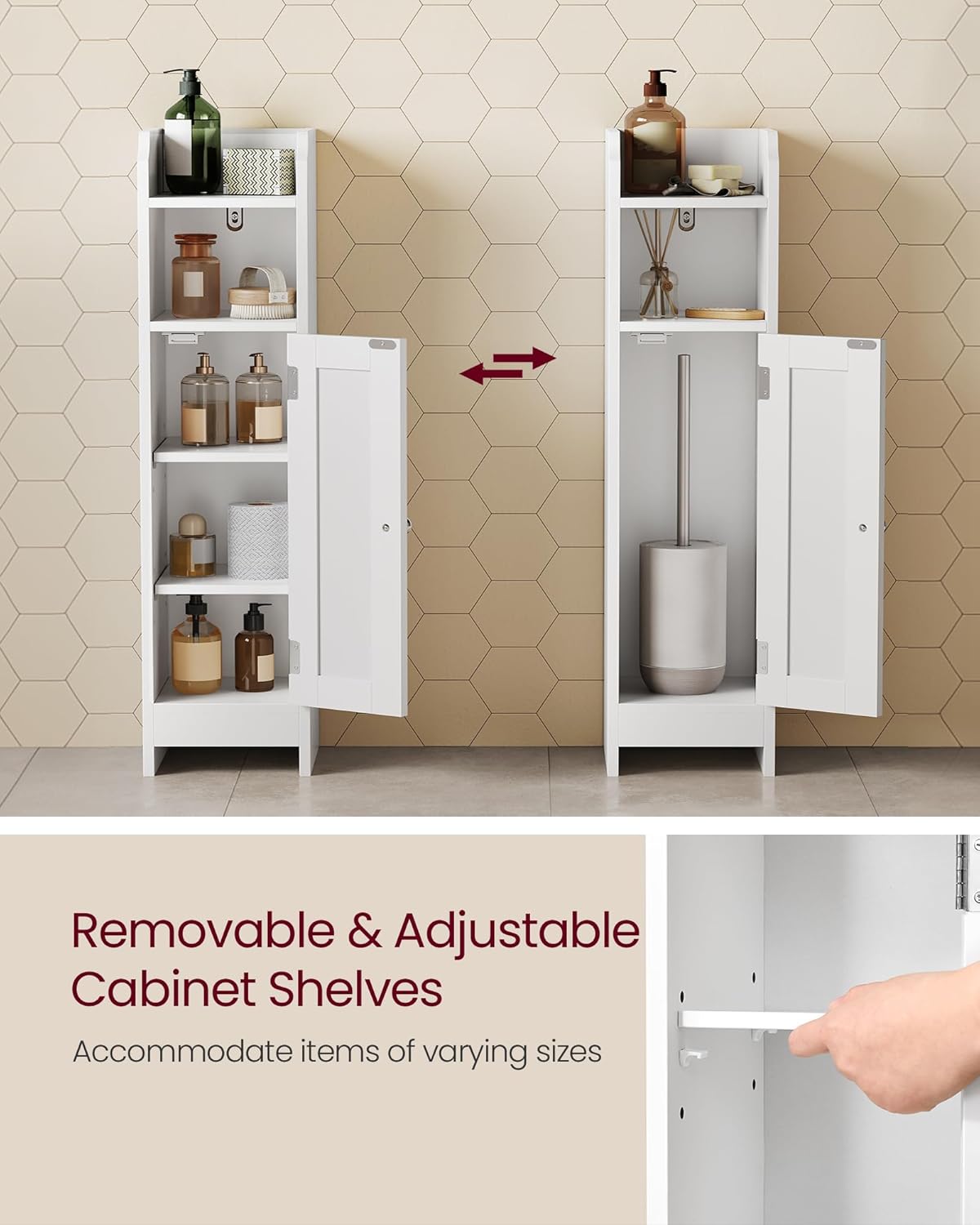 VASAGLE Small Storage Corner Floor Cabinet with Door, 7.9 x 7.1 x 31.5 Inches, Narrow Toilet Paper Storage Holder, Adjustable Shelves, for Bathroom, Living Room, Small Spaces, Cloud White UBBC310W01