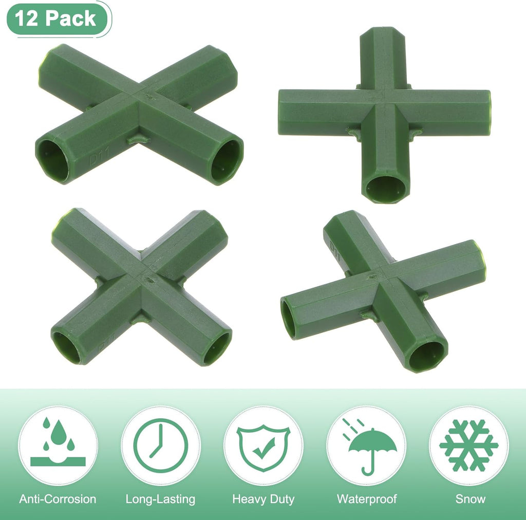 4 Pcs 11mm Greenhouse Frame Building Connectors, 4 Way Flat Pipe Fitting for Grape Trellis/Sunscreen Shed/Gardening Plant Stakes, Greenhouse Accessories [Green]