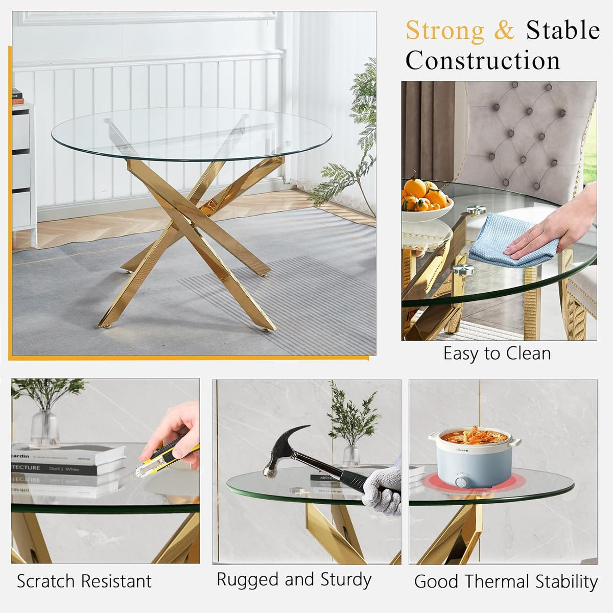 Round Glass Dining Table Set for 4, Small Kitchen Table Set for 4, 47" Circle Glass Dinner Table and Green Velvet Chairs Set of 4,5 Piece Round Dining Room Table Set for Dinette Breakfast Cafe Party