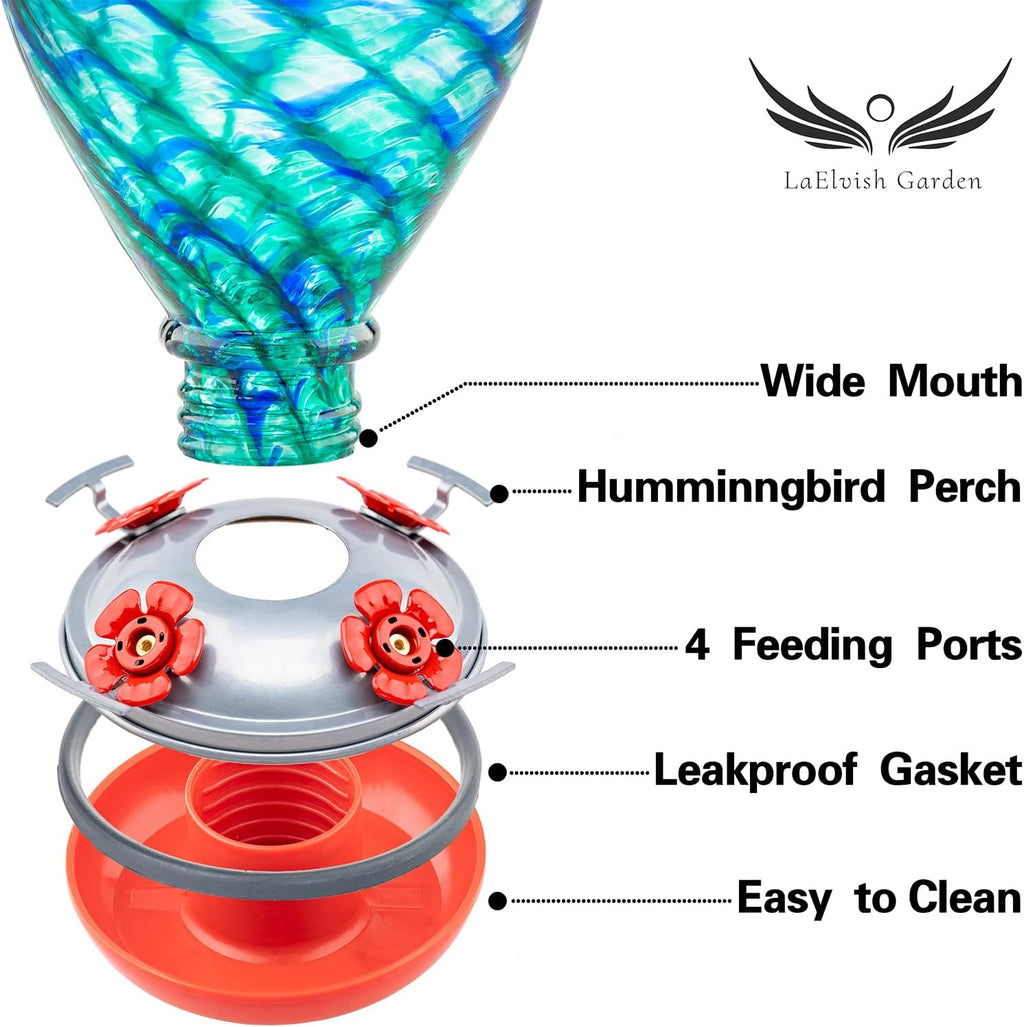 Hummingbird Feeders, 34OZ Hand Blown Glass Hummingbird Feeder for Outdoors Hanging with Ant MoatHooks, Perfect for Gardening Yard Patio Decor Gifts (Blue Mermaid)