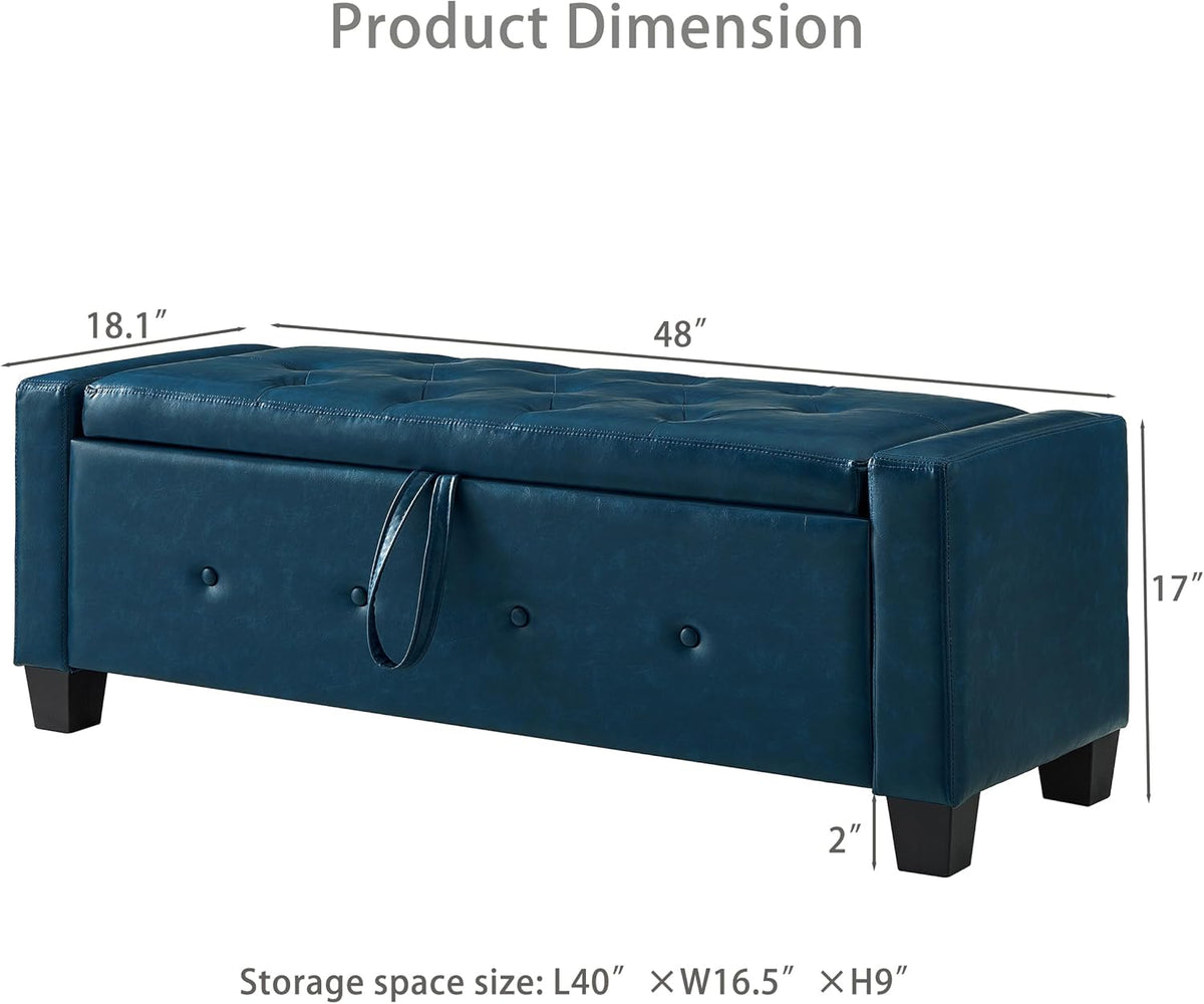 48" Storage Ottoman Bench, Upholstered Tufted Faux Leather End of Bed Bench with Flip Top Storage, Large Bedroom Bench for End of Bed, Entryway Shoe Bench, Living Room Ottoman, PU (Navy Blue)